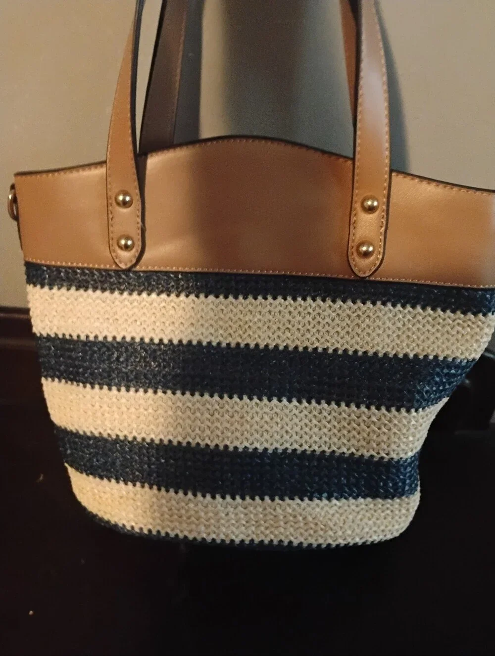 Olivia Miller Tan and Navy Striped Straw Tote